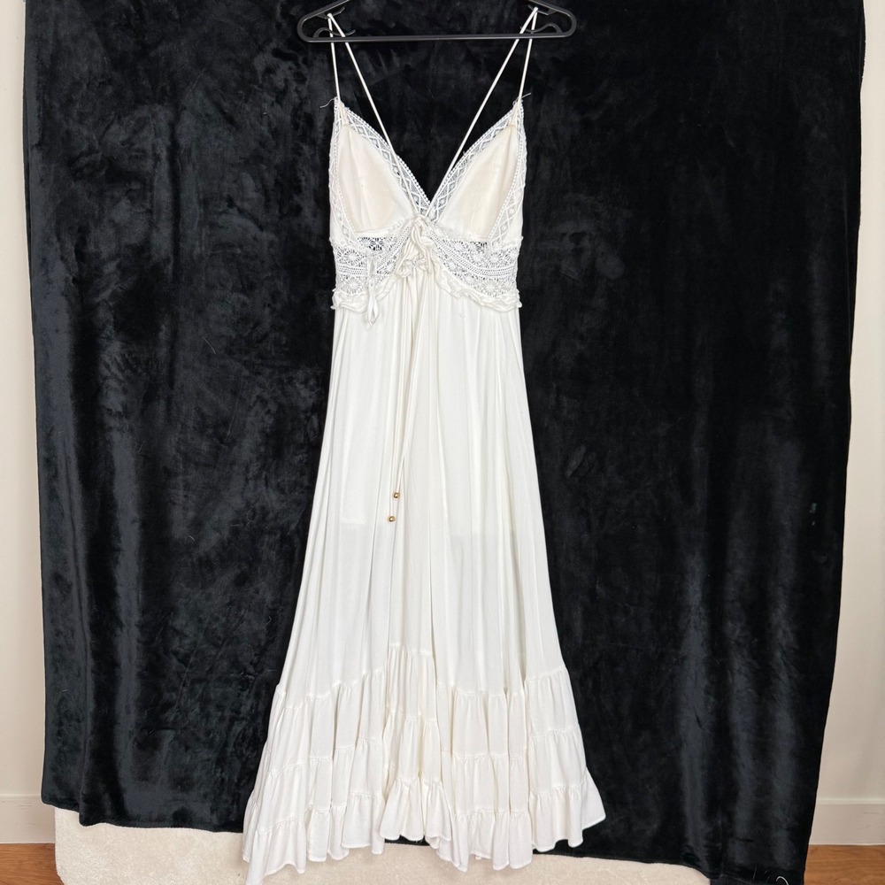 Hello Molly White Crochet Lace Tiered Maxi Dress Boho Sun Dress US 6 Minimalist - Picture 4 of 11